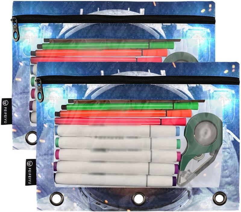 BOENLE Astronaut Cat Space Pencil Pouch for 3 Ring Binder, 2 Pack Waterproof Pencil Bags Clear Window Zipper School Office Supplies - Image 2